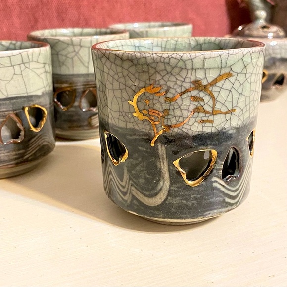 1940βs 6-Piece Japanese Somayaki Double-Wall Tea Set - Picture 9 of 15